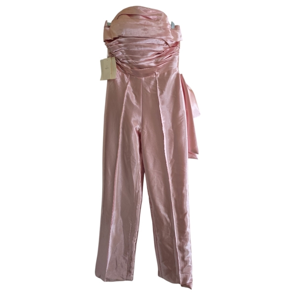 NWT LanTing Pink Satin Strapless Jumpsuit With Bowknot Back Medium Check Chart - Picture 4 of 12